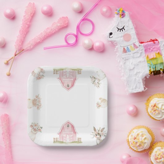 水彩ピンクファーム動物赤ちゃんシャワープレート ペーパープレート (パーティー)