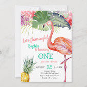 水彩ピンクフラミンゴガールファースト誕生日 招待状 (正面)