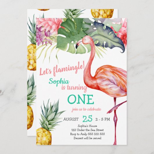 水彩ピンクフラミンゴガールファースト誕生日 招待状 (正面/裏面)