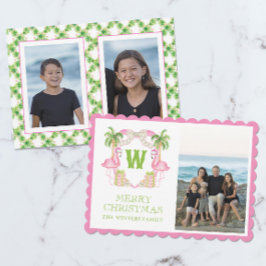 水彩ピンクフラミンゴクリスマスモノグラムクレスト シーズンカード