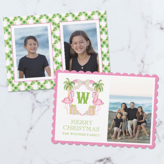 水彩ピンクフラミンゴクリスマスモノグラムクレスト シーズンカード