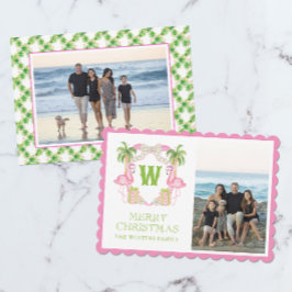 水彩ピンクフラミンゴクリスマスモノグラムクレスト シーズンカード