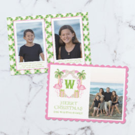 水彩ピンクフラミンゴクリスマスモノグラムクレスト シーズンカード