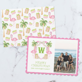水彩ピンクフラミンゴクリスマスモノグラムクレスト シーズンカード