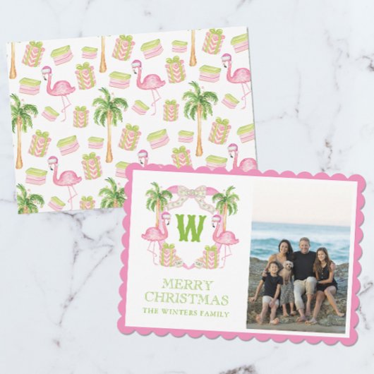水彩ピンクフラミンゴクリスマスモノグラムクレスト シーズンカード