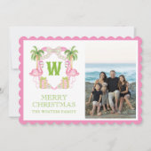 水彩ピンクフラミンゴクリスマスモノグラムクレスト シーズンカード (正面)