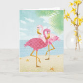 水彩ピンクフラミンゴスビーチ カード (黄色い花)