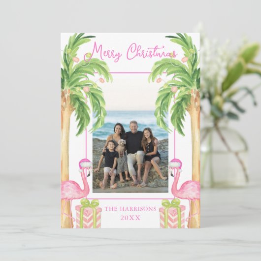 水彩ピンクフラミンゴビーチクリスマスフォト シーズンカード (スタンド正面)