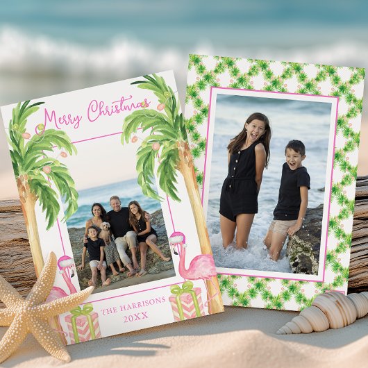 水彩ピンクフラミンゴビーチクリスマスフォト シーズンカード
