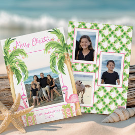 水彩ピンクフラミンゴビーチクリスマスフォト シーズンカード