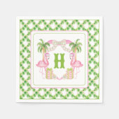 水彩ピンクフラミンゴモノグラムクレストクリスマス スタンダードカクテルナプキン (正面)