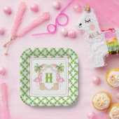 水彩ピンクフラミンゴモノグラムクレストクリスマス ペーパープレート (パーティー)