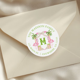 水彩ピンクフラミンゴモノグラムクレストクリスマス ラウンドシール