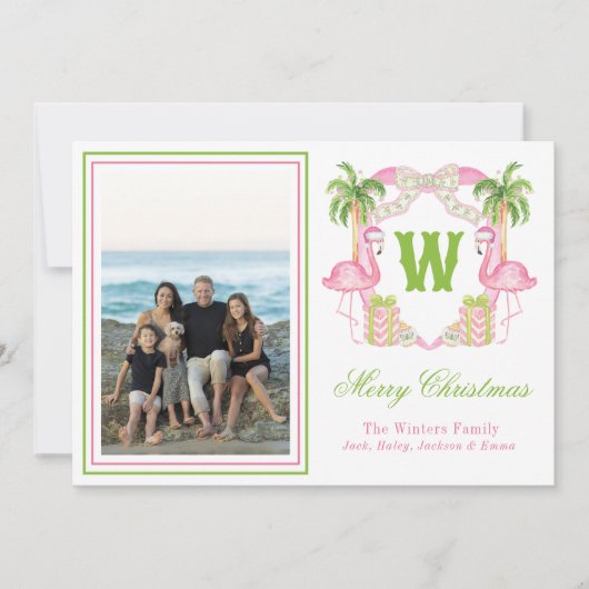 水彩ピンクフラミンゴモノグラムクレストフォト シーズンカード (正面)