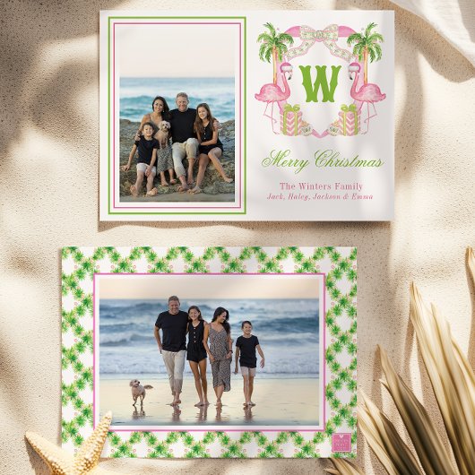 水彩ピンクフラミンゴモノグラムクレストフォト シーズンカード