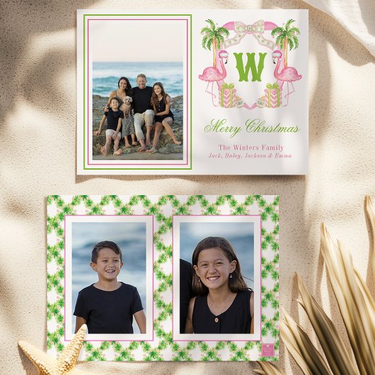 水彩ピンクフラミンゴモノグラムクレストフォト シーズンカード