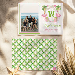 水彩ピンクフラミンゴモノグラムクレストフォト シーズンカード