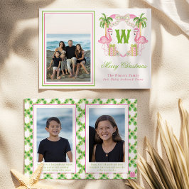 水彩ピンクフラミンゴモノグラムクレストフォト シーズンカード