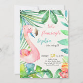 水彩ピンクフラミンゴレッツフラミングル誕生日 招待状 (正面)