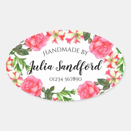 水彩ピンクフラワーズオーバルリースデザイン 楕円形シール (正面)
