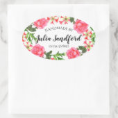 水彩ピンクフラワーズオーバルリースデザイン 楕円形シール (バッグ)