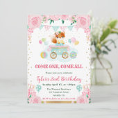 水彩ピンクフラワーズキツネ子供の誕生日 招待状 (スタンド正面)