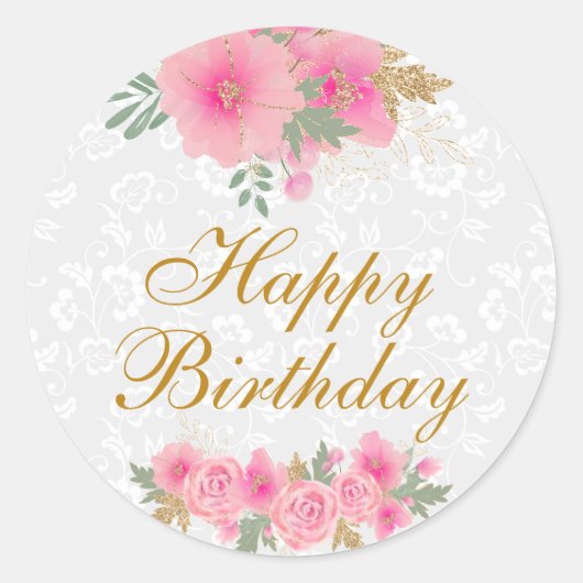 水彩ピンクフラワーズゴールドフォイルハッピーバースデー ラウンドシール (正面)