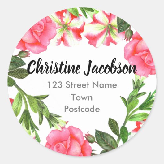 水彩ピンクフラワーズサークルリースアドレス ラウンドシール (正面)