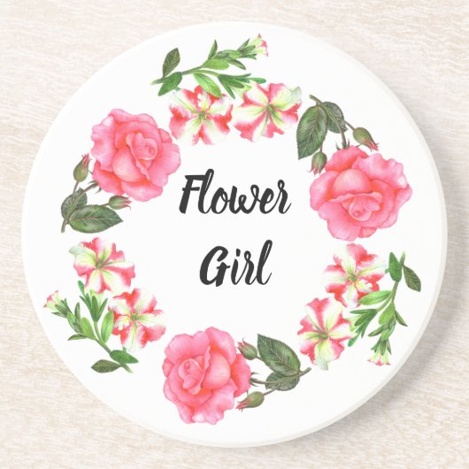 水彩ピンクフラワーズサークルリースデザイン コースター (正面)