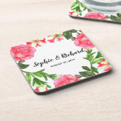 水彩ピンクフラワーズサークルリースデザイン コースター (左側)