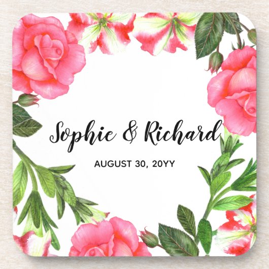 水彩ピンクフラワーズサークルリースデザイン コースター (正面)