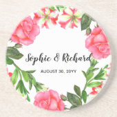 水彩ピンクフラワーズサークルリースデザイン コースター (正面)