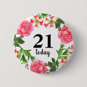 水彩ピンクフラワーズサークルリースデザイン 缶バッジ (正面)