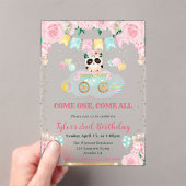 水彩ピンクフラワーズパンダ子供の誕生日 アクリル招待状 (インサイチュ (ポータブル))