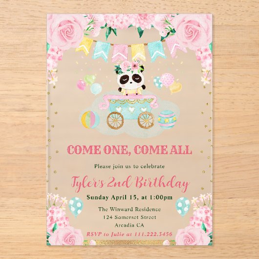 水彩ピンクフラワーズパンダ子供の誕生日 アクリル招待状 (正面)