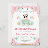 水彩ピンクフラワーズパンダ子供の誕生日 招待状 (正面)