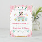 水彩ピンクフラワーズパンダ子供の誕生日 招待状 (スタンド正面)