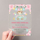 水彩ピンクフラワーズモンキー子供の誕生日 アクリル招待状 (インサイチュ (ポータブル))