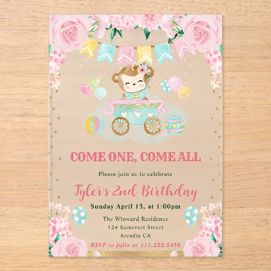 水彩ピンクフラワーズモンキー子供の誕生日 アクリル招待状 (正面)