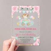 水彩ピンクフラワーズモンキー子供の誕生日 アクリル招待状 (インサイチュ (ポータブル))