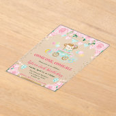 水彩ピンクフラワーズモンキー子供の誕生日 アクリル招待状 (レイダウン)