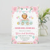 水彩ピンクフラワーズライオン子供の誕生日 招待状 (スタンド正面)