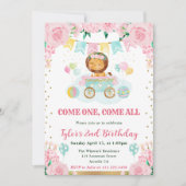 水彩ピンクフラワーズライオン子供の誕生日 招待状 (正面)