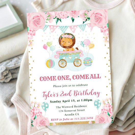 水彩ピンクフラワーズライオン子供の誕生日 招待状