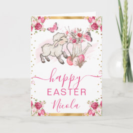 水彩ピンクフラワーズラムハッピーイースター カード