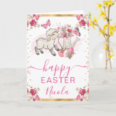 水彩ピンクフラワーズラムハッピーイースター カード (黄色い花)
