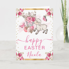 水彩ピンクフラワーズラムハッピーイースター カード