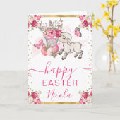 水彩ピンクフラワーズラムハッピーイースター カード (黄色い花)