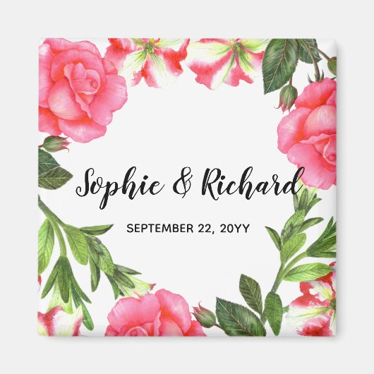 水彩ピンクフラワーズリースイラストレーション マグネット (正面)