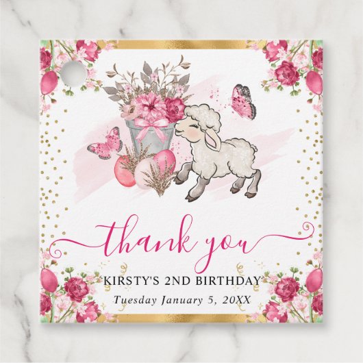 水彩ピンクフラワーズ春ラム誕生日 フェイバータグ (正面)